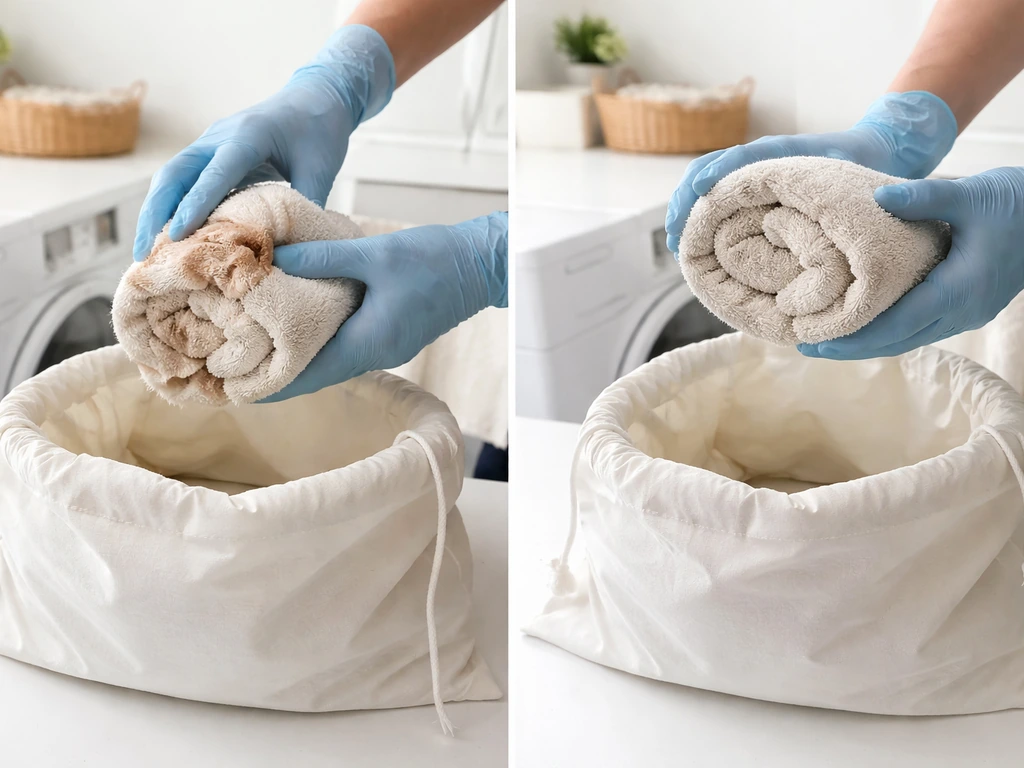 Gloved hands rolling soiled linen inward and placing it into a laundry bag without shaking.