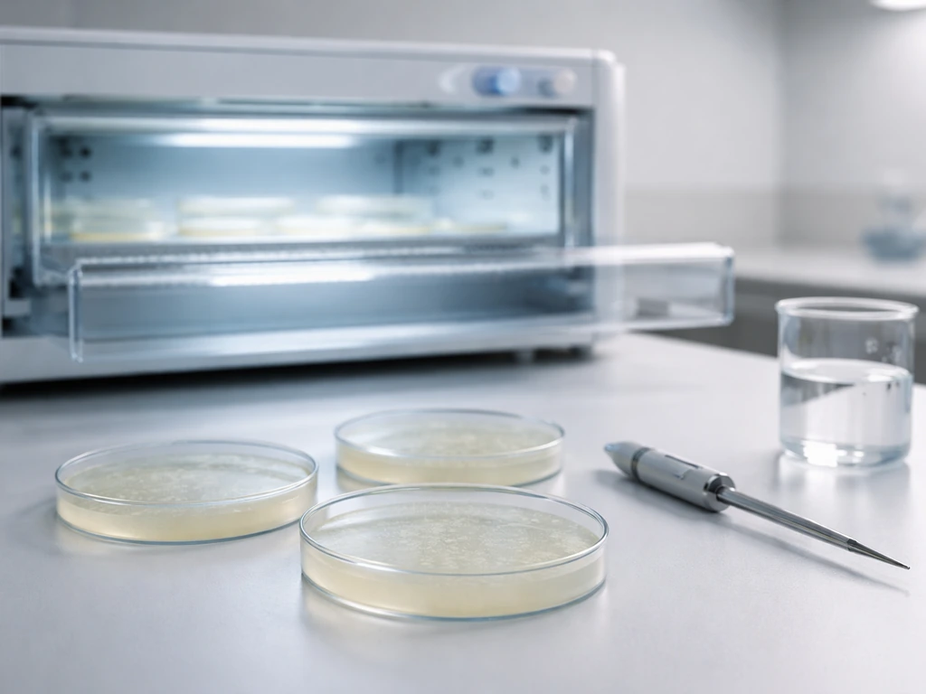 Clean lab bench with agar Petri dishes, incubator glow, and a thermometer probe showing growth conditions.