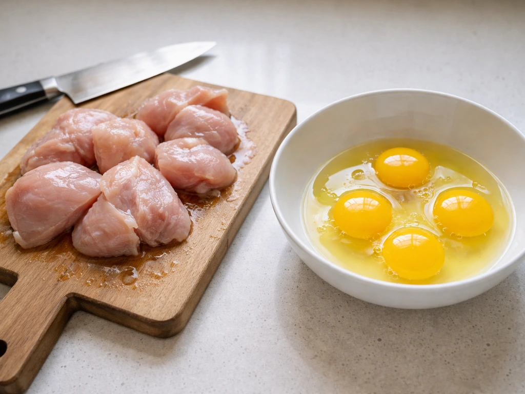 Raw chicken on a cutting board beside raw eggs in a bowl on a kitchen counter.