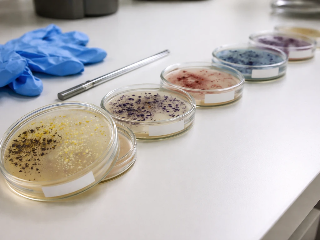 Selective and differential agar plates on a lab bench with distinct colony patterns under natural light.