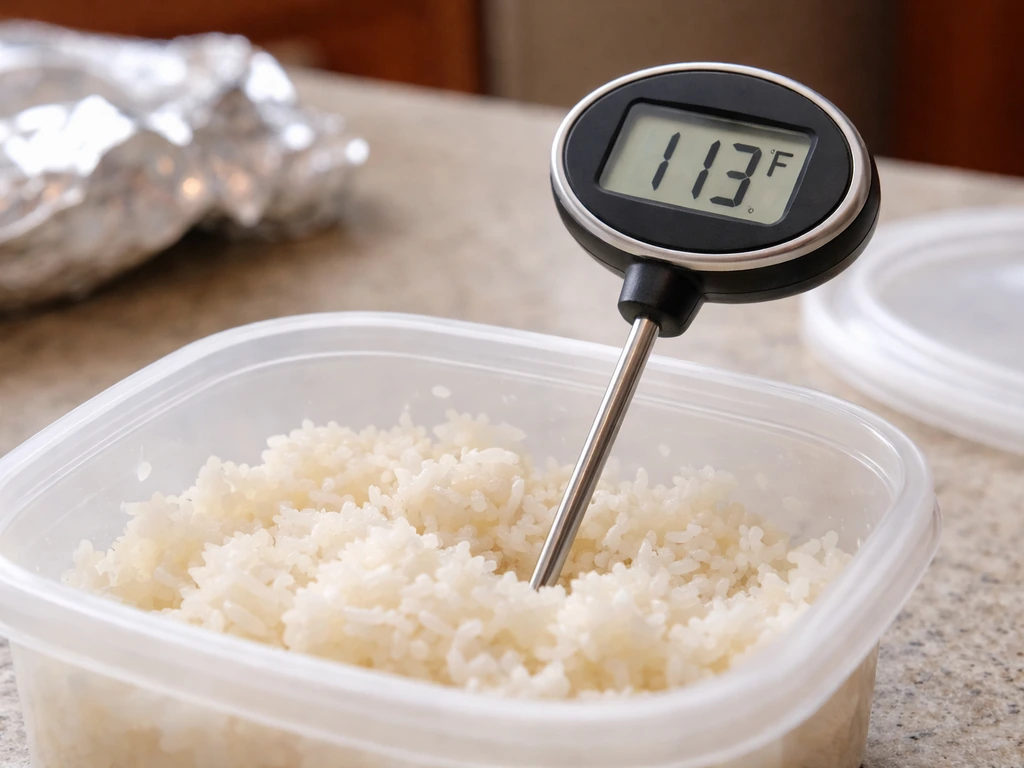 Food thermometer checking rice in the 70–125°F fastest-growth range.