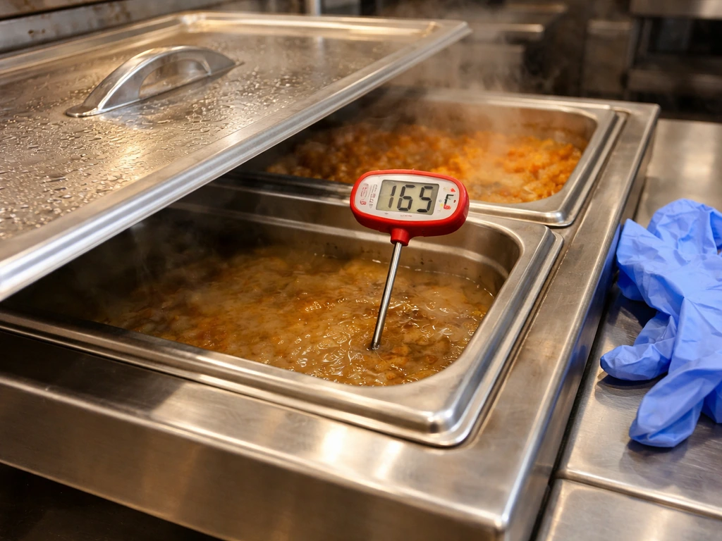 Hot holding tray checked with thermometer above 140°F.