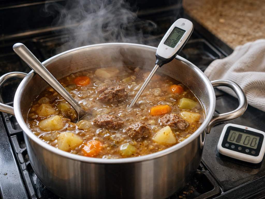 Reheating stew with thermometer inserted as it passes through danger zone.