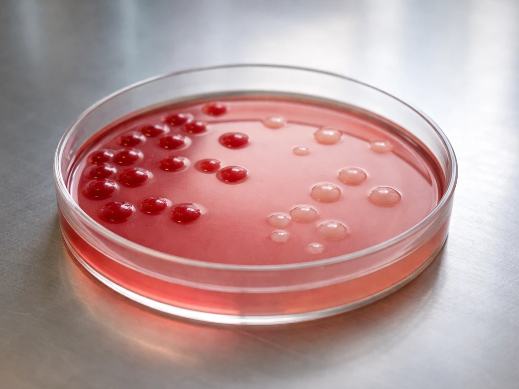 Close-up of MacConkey agar petri dish showing distinct colony colors on a minimal lab bench