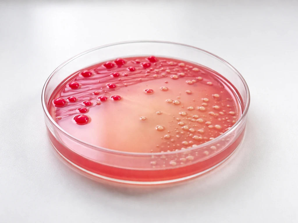 Close-up of MacConkey agar Petri dish with pink lactose-fermenting colonies and pale non-fermenting colonies.