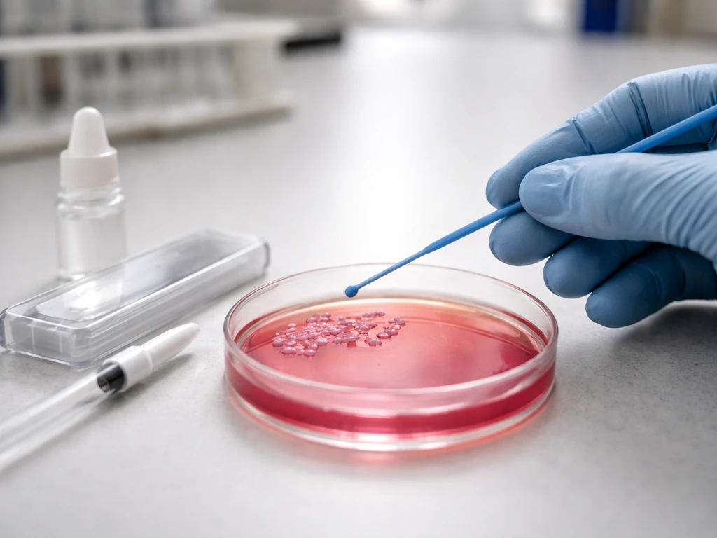 Technician’s gloved hand transferring a colony from a MacConkey agar plate for confirmatory Gram staining