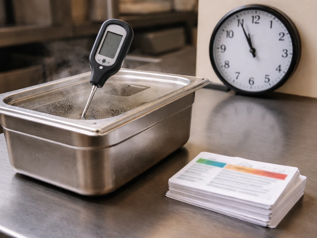 Food thermometer and food container on counter indicating the danger zone temperature range.