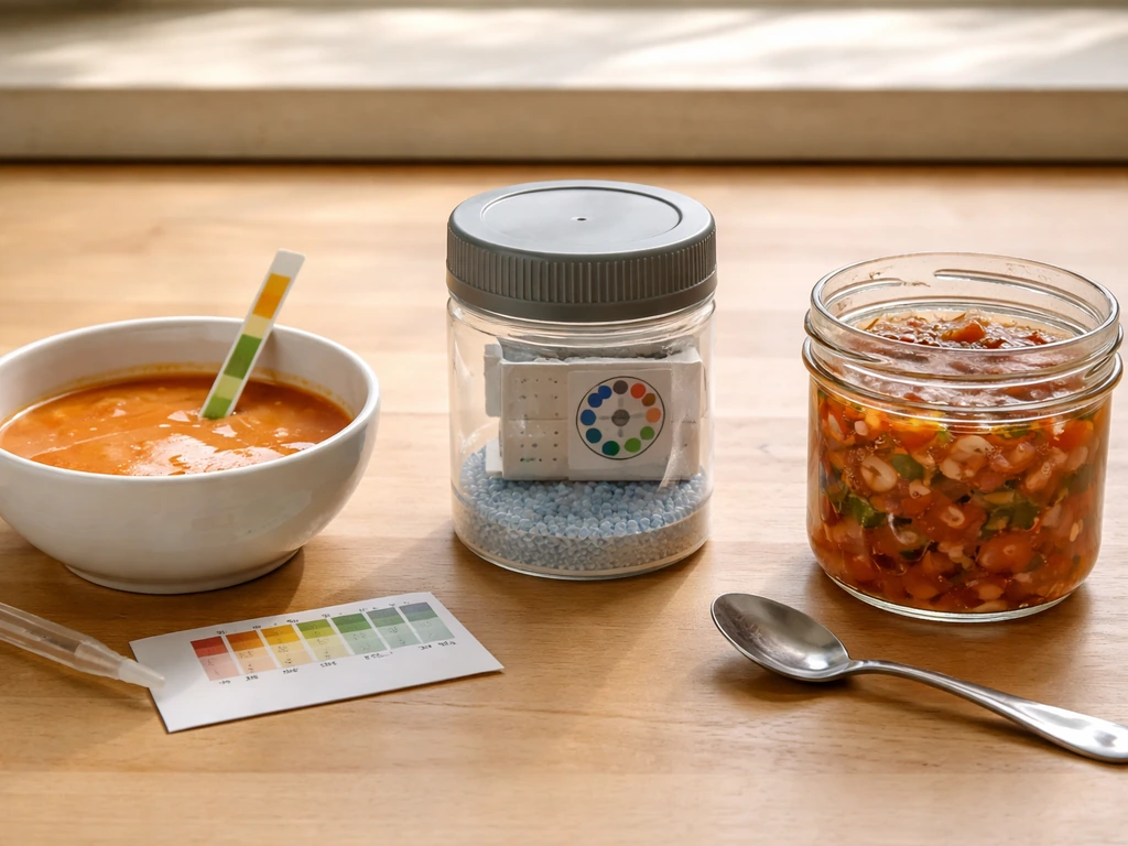 Close view of pH strips, sealed water-activity setup, and oxygen-exposure container.