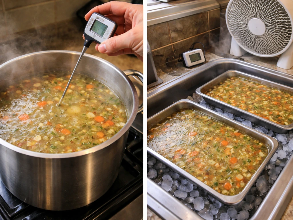 Food cooling setup with thermometer probe, shallow pans, and ice bath for safe cooling.