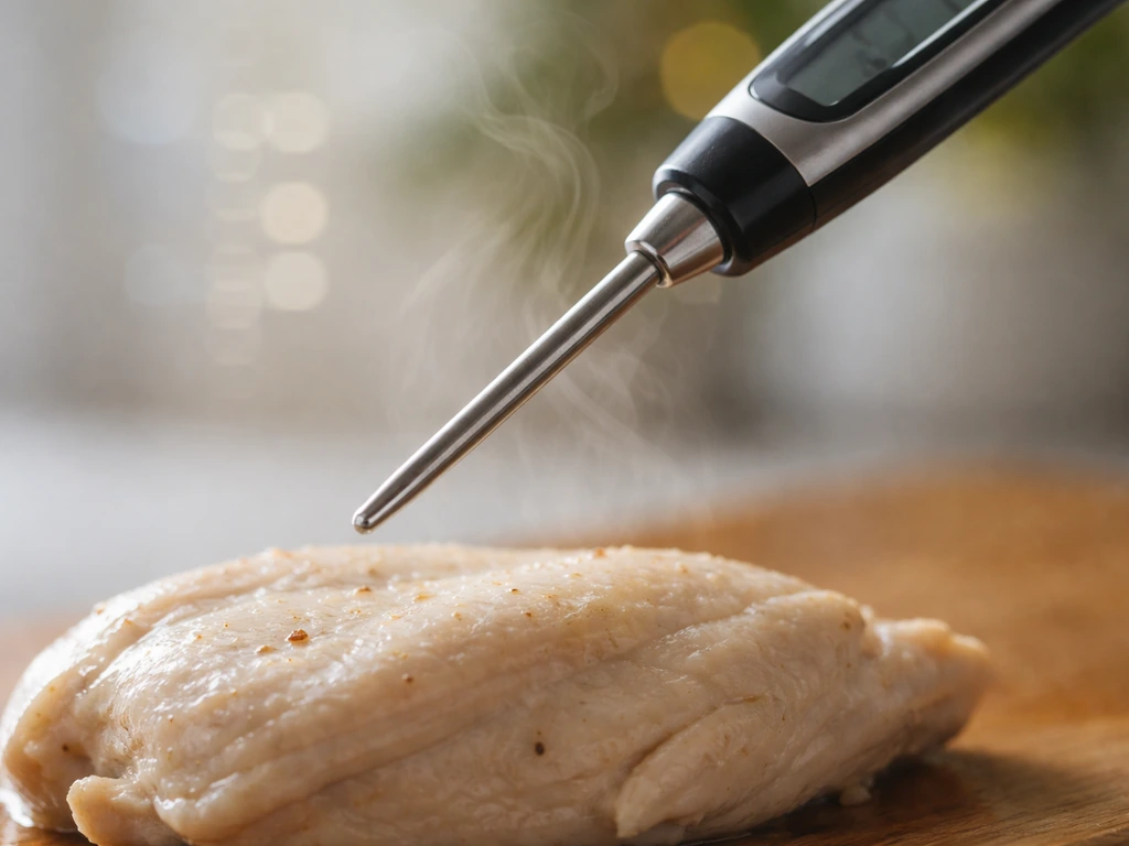Close-up of a digital food thermometer measuring food temperature on a simple cutting board.