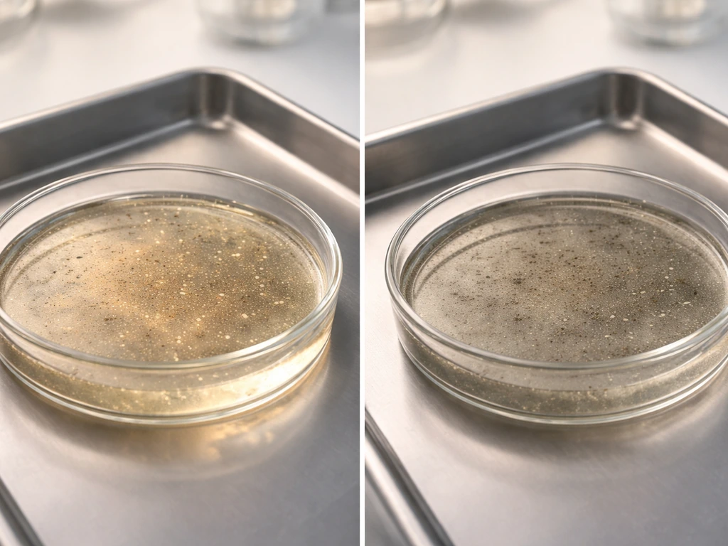 Two close-up lab samples: one actively dividing bacteria-like glow, the other dim and dormant under temperature stress.