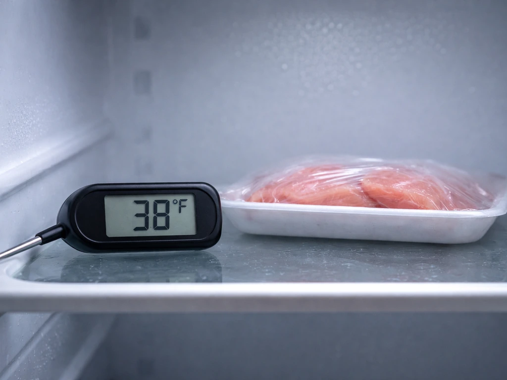 Digital food thermometer in a refrigerator reading 40°F or below, with cold condensation on shelves.