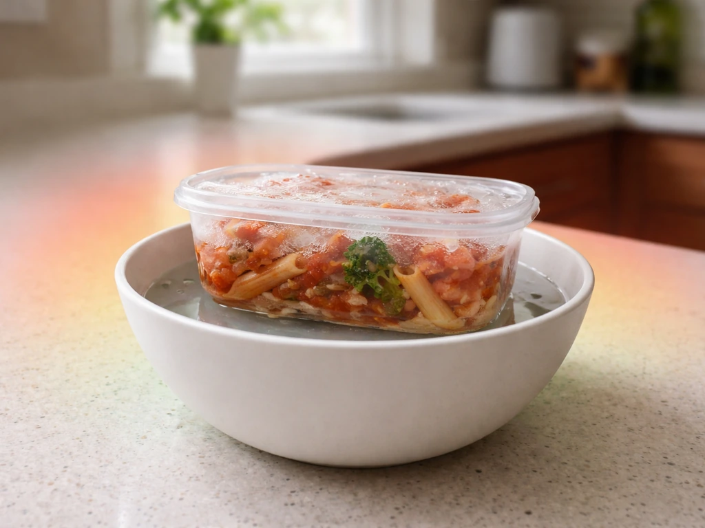 Plastic container of frozen food thawing in a bowl on a kitchen counter