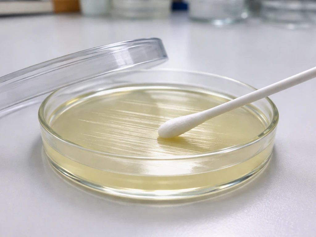 Close-up of a TSA agar plate on a bench as a sterile swab streaks the agar surface.