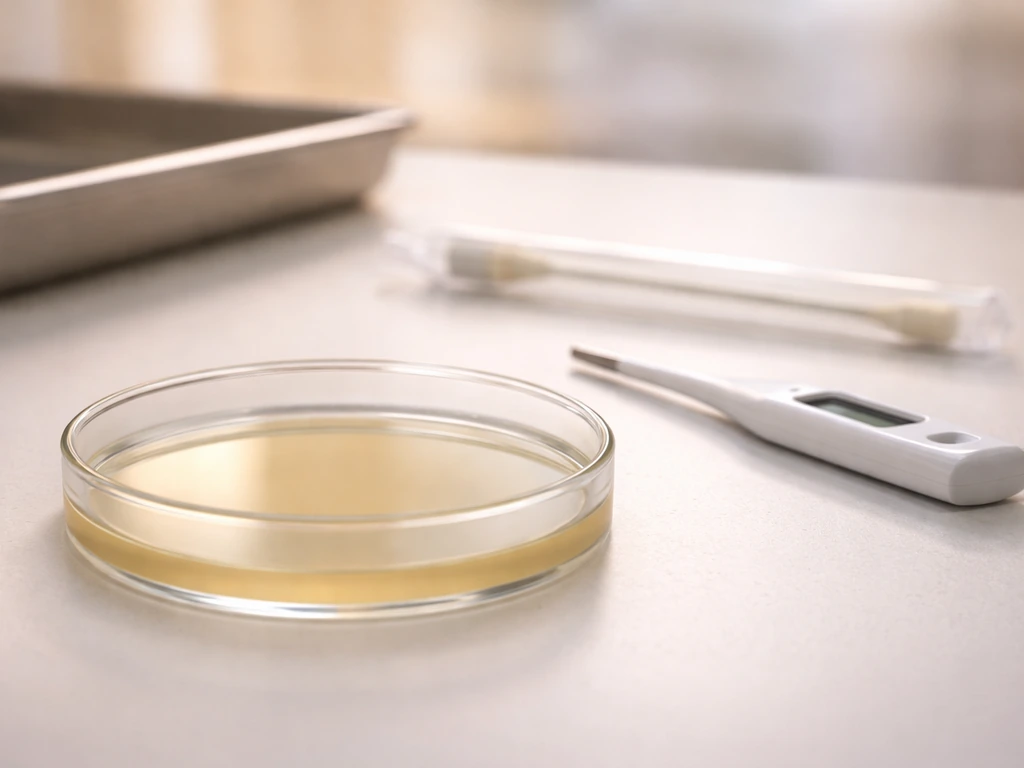 Minimal lab bench scene with a sterile petri dish, agar surface, and thermometer-like object suggesting growth condition