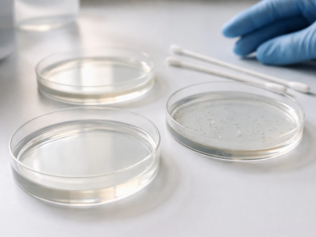 Close-up of multiple agar plates with small or absent E. coli growth, simple lab bench setting