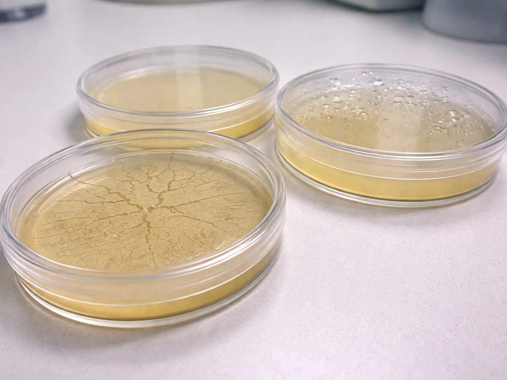 Close-up of agar Petri dishes showing dried agar and condensation, suggesting TSA storage problems.