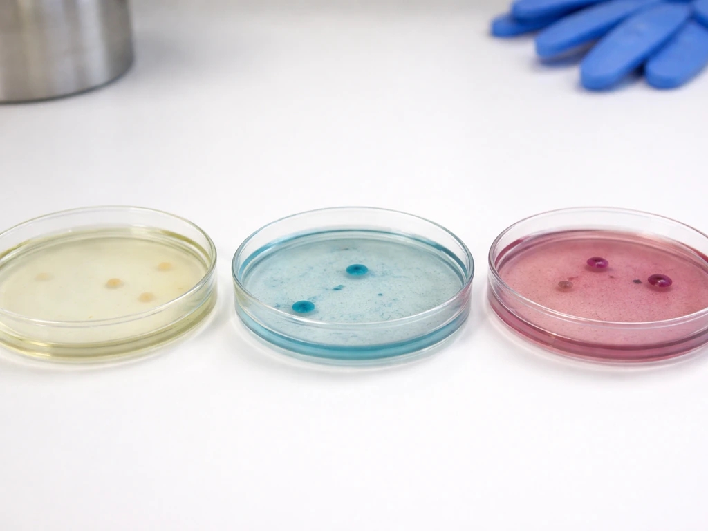 Three Petri dishes side-by-side showing varied colony patterns on TSA vs selective/differential media.