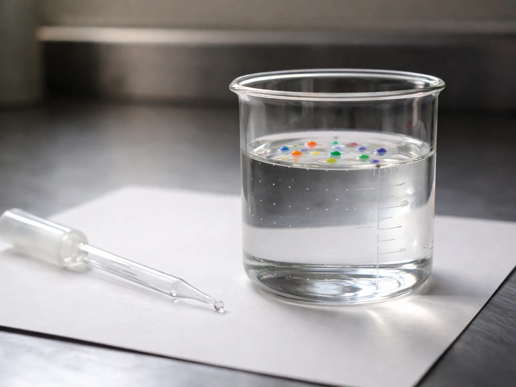 Beaker with clear liquid and colored indicator beads on a lab counter, suggesting pH-based food preservation.