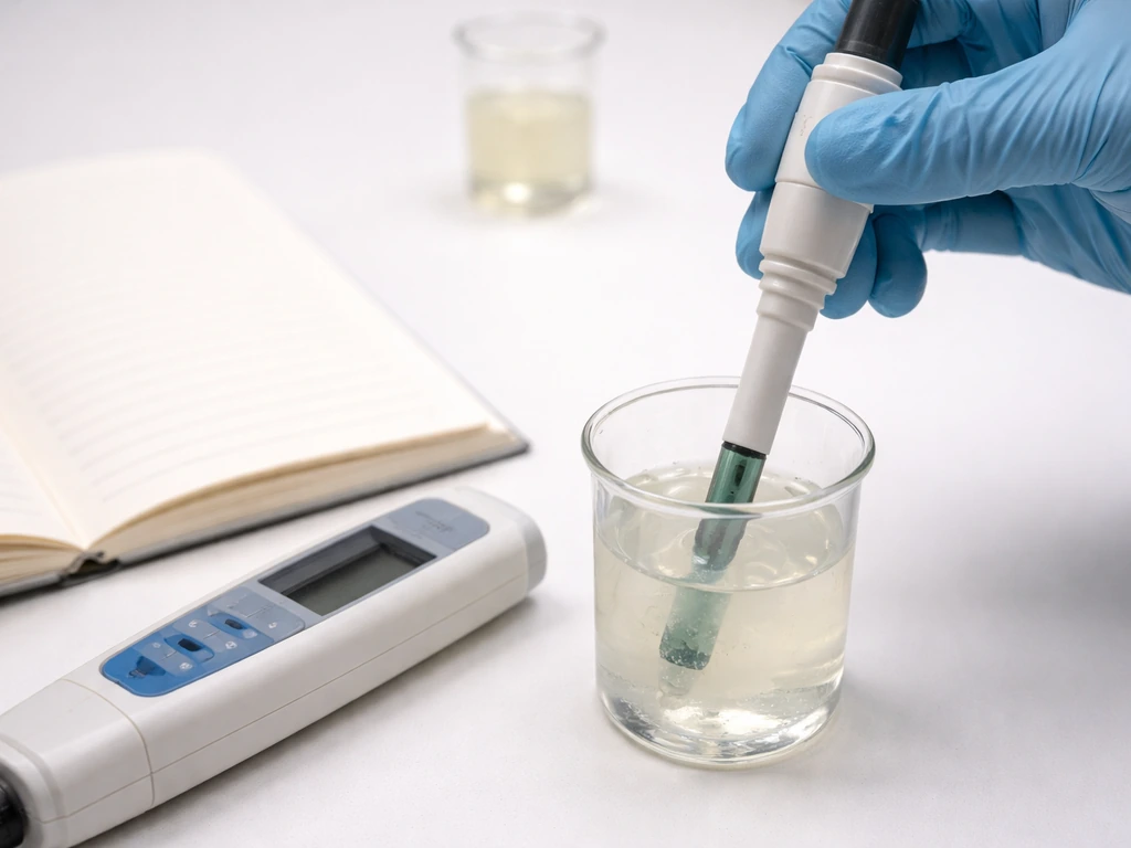 Lab bench with pH meter probe in buffer, handwritten notebook open, and a small beaker with cloudy solution