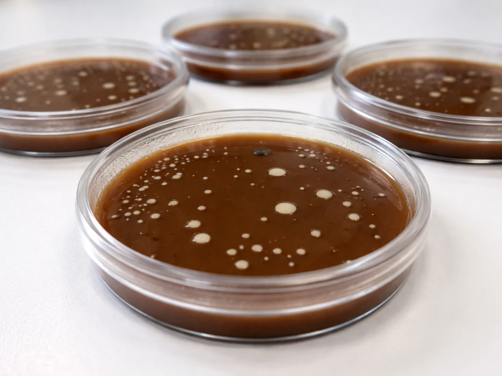 Close-up of chocolate agar petri dishes on a lab bench with varied bacterial colony growth.