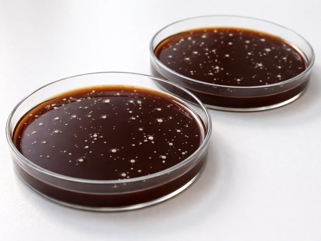 Close-up of chocolate agar petri dishes with small fast-growing colonies on the surface