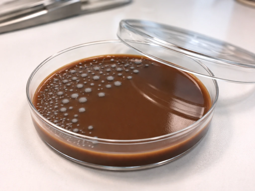 Close-up of a chocolate agar Petri dish showing small grayish colonies under enhanced CO2.