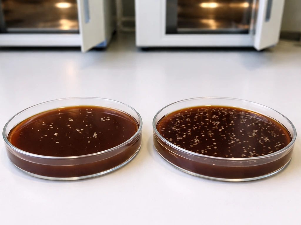 Two petri dishes side-by-side with chocolate agar showing different growth patterns from incubation temperatures.