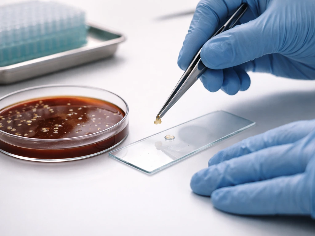 Gloved hands transferring a tiny colony from an agar plate to a microscope slide for confirmation.