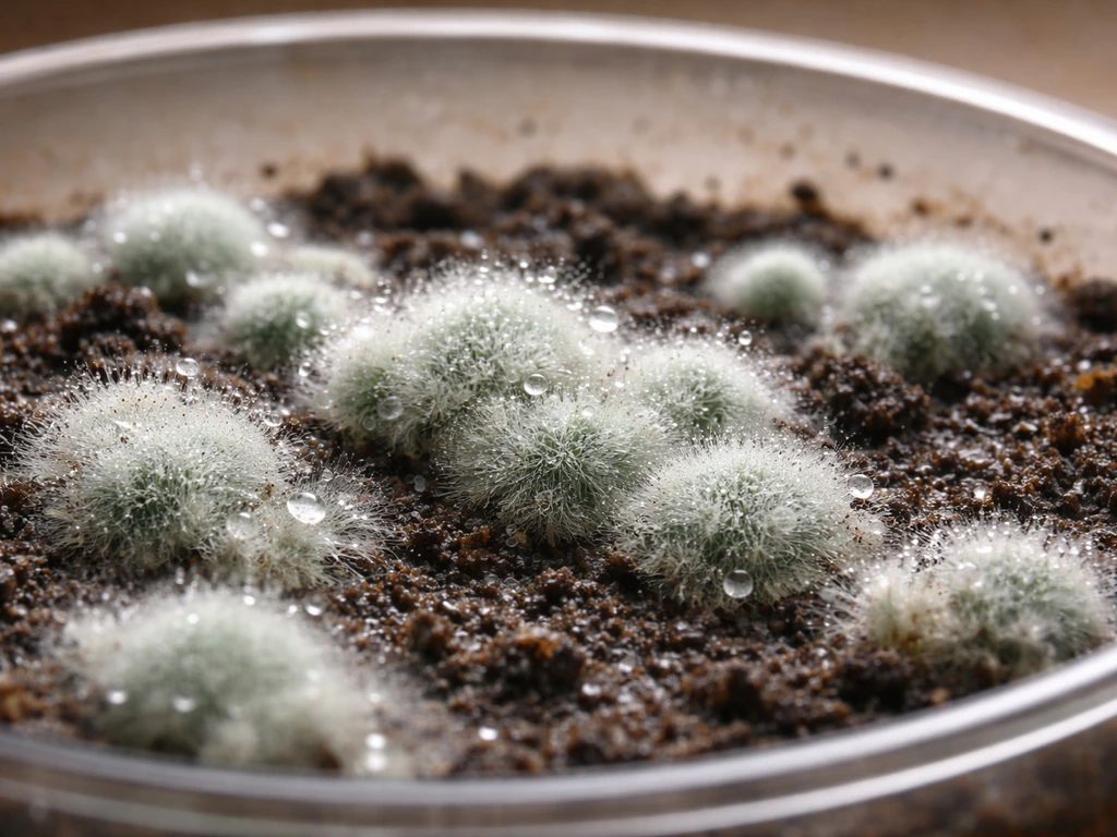 Macro close-up of Penicillium-like mold on a moist surface with visible fuzzy growth against a neutral background