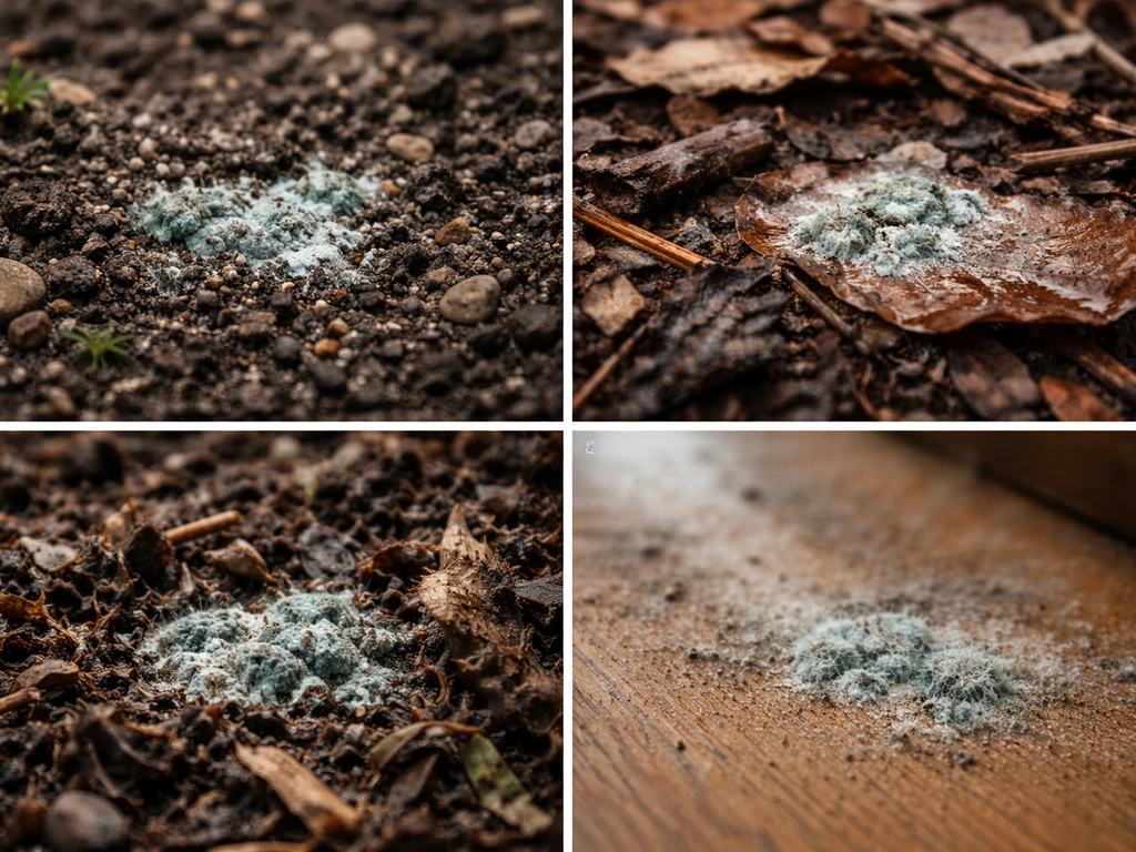 Four-panel collage of outdoor soil, leaf litter, compost-like debris, and damp indoor dust textures.