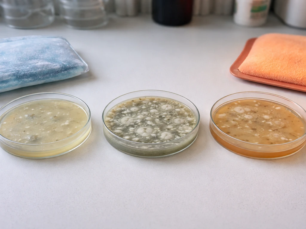 Three petri dishes with different Penicillium growth densities under cooler, moderate, and warm conditions.