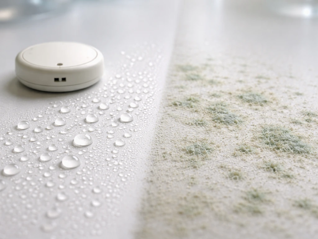Condensation droplets on a surface with faint mold growth concentrated on the wetter side