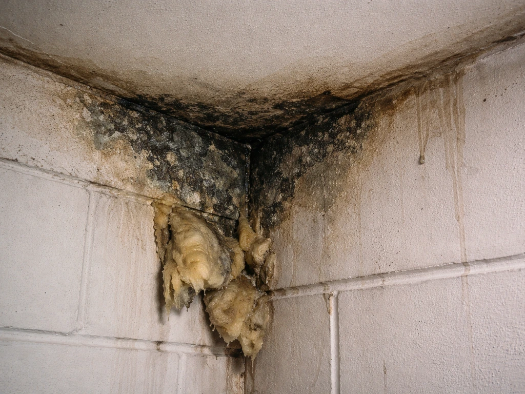 Water-damaged ceiling corner with visible mold and damp insulation in an empty room