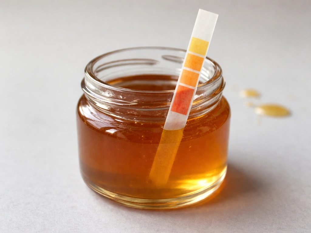 Close-up honey jar with a pH indicator strip showing an acidic color range