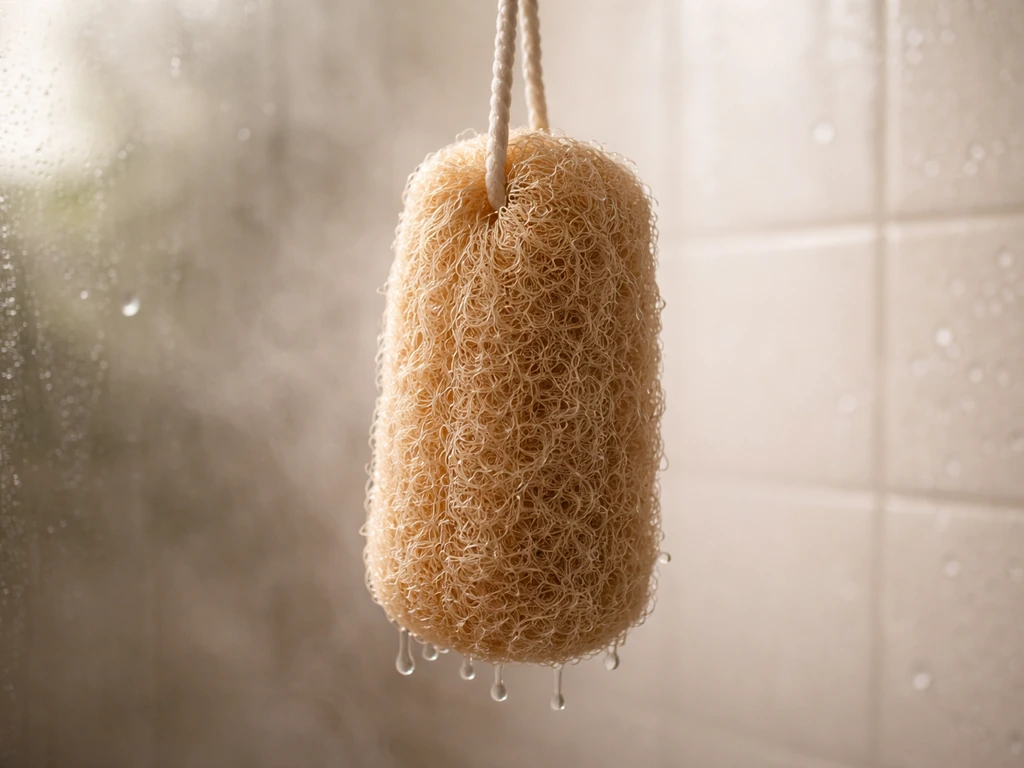 Wet loofah in a steamy shower, close-up showing moisture and warmth