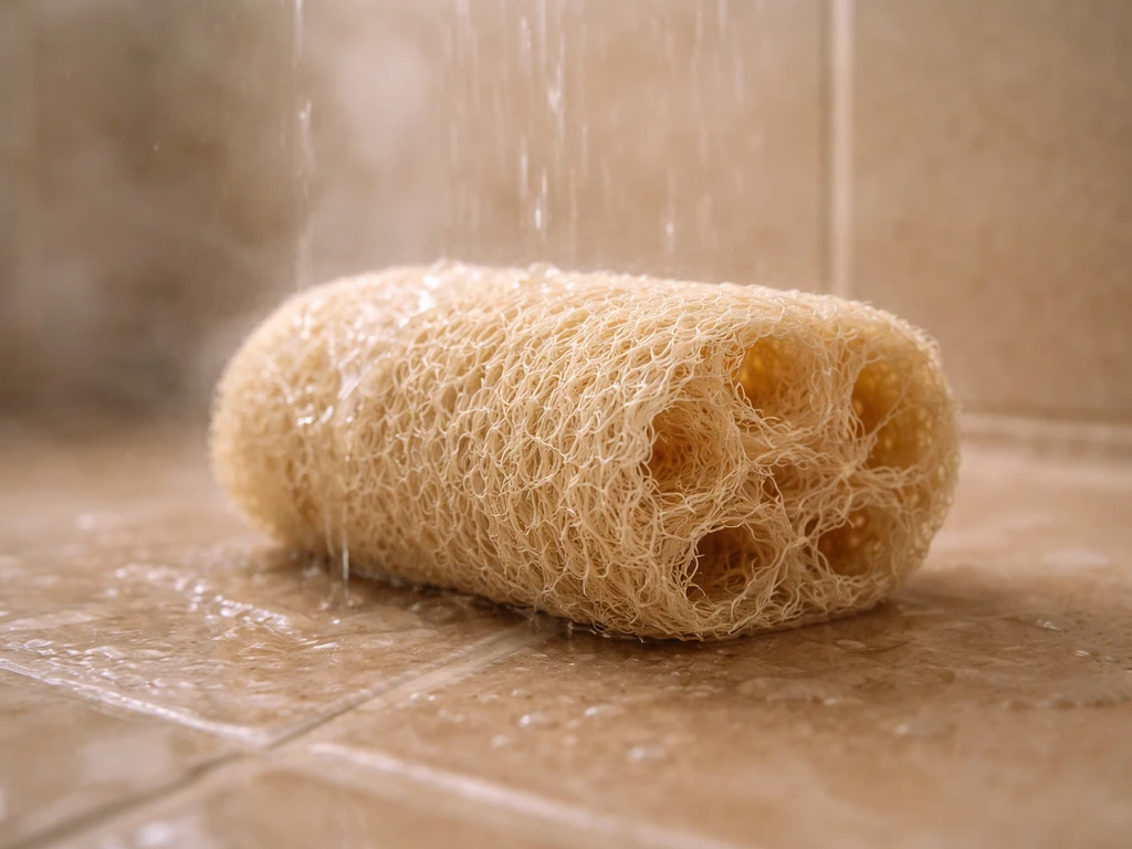 Wet loofah sponge in a steamy shower with water droplets on its porous texture.