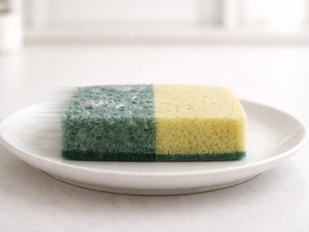 Split scene of a moist kitchen sponge with rapid bubbles versus a thoroughly dried sponge, indicating faster vs slower b
