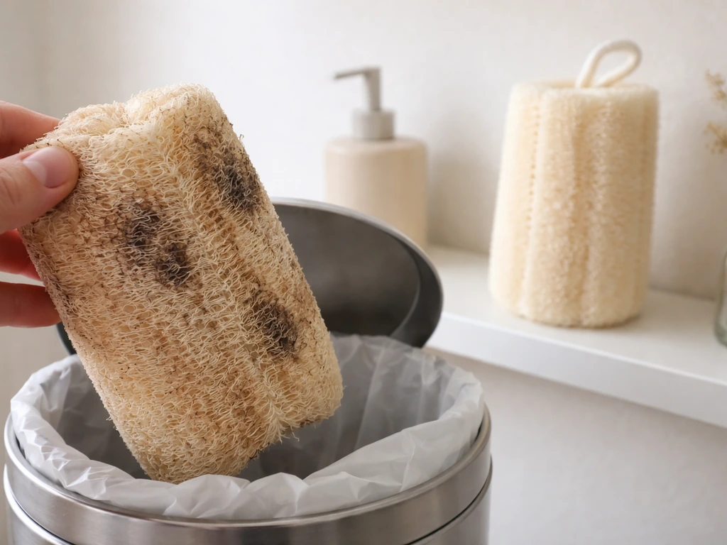 Worn loofah in a trash can beside a clean new loofah on a bathroom shelf.