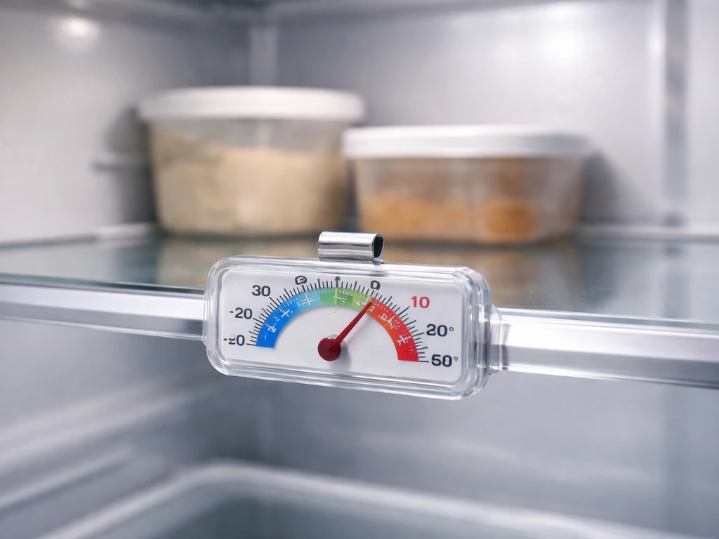 Refrigerator shelf with a thermometer at about 4°C and generic refrigerated food containers in the background.