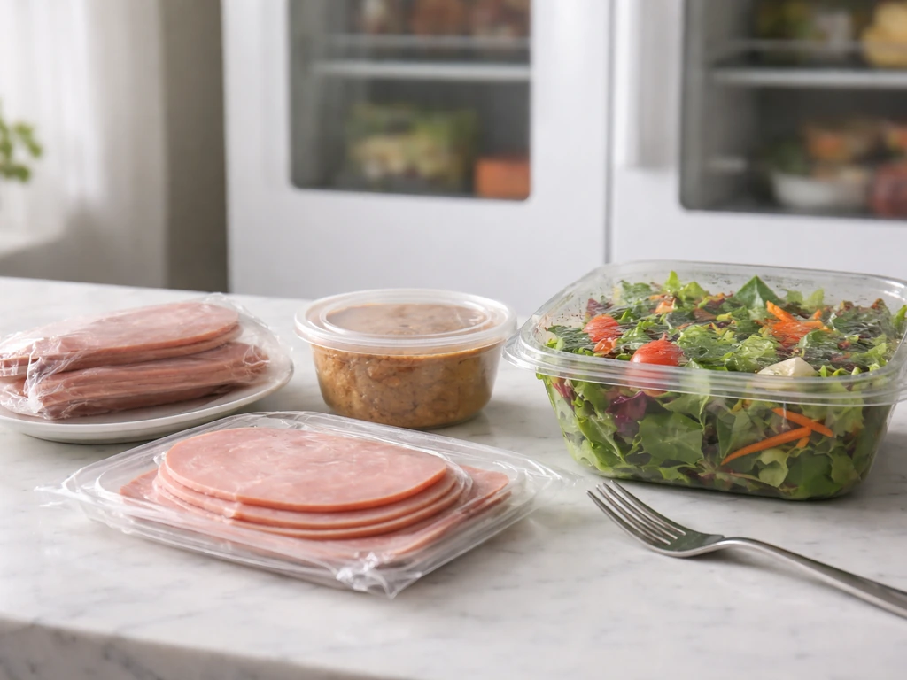 Minimal kitchen counter with ready-to-eat deli meats, pâté, luncheon meat, and pre-packaged salad.