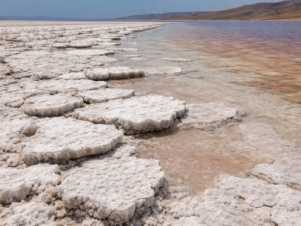 Hypersaline lake shore with salt crusts showing where halophiles live