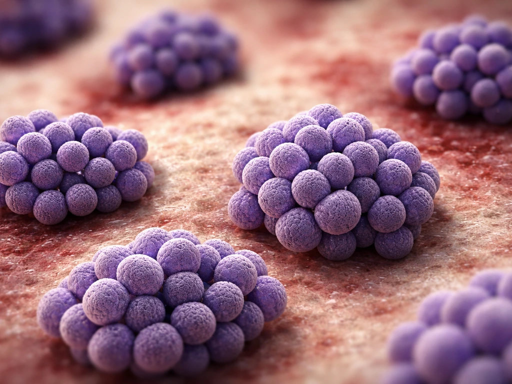 Microscope-style view of Gram-positive cocci bacteria forming tight clusters on a wound-related backdrop.