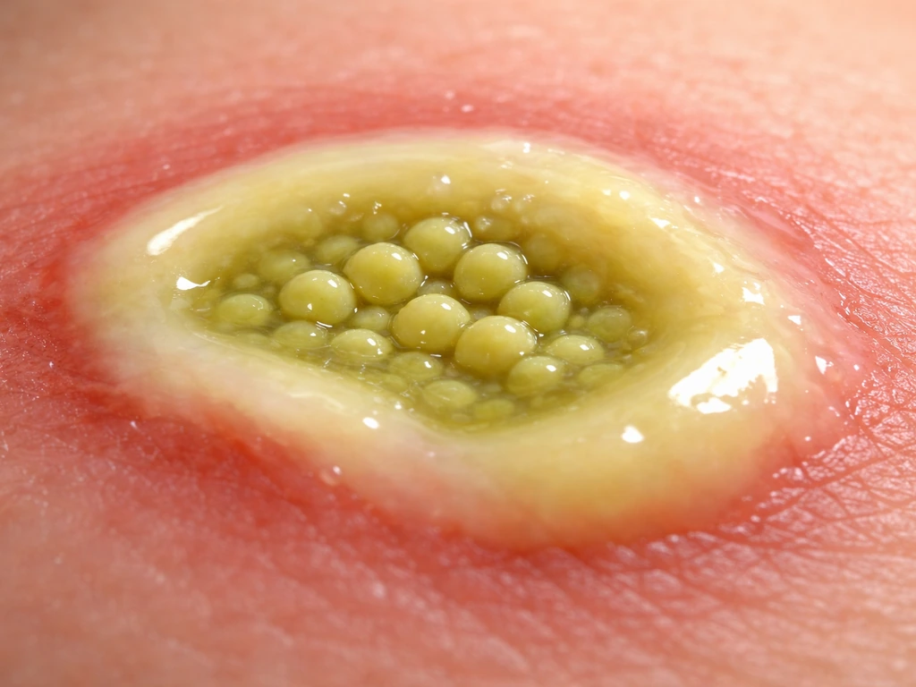 Close-up of yellow-green exudate on tissue-like surface with clustered spherical bacteria-like forms.