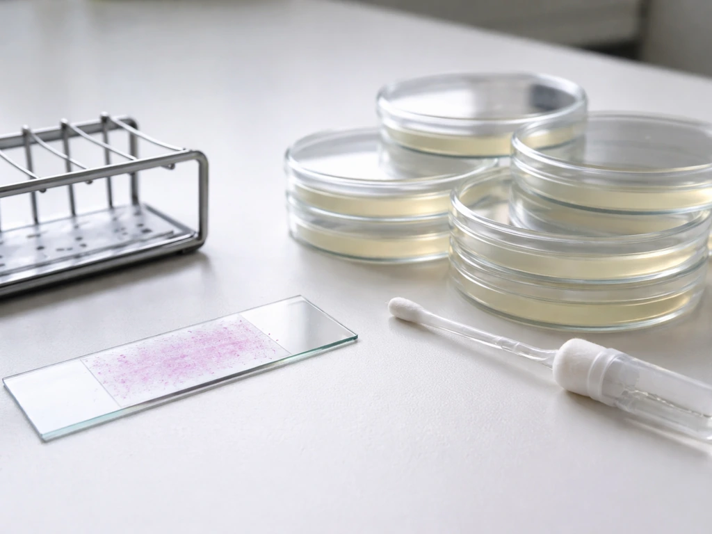 Close-up lab bench showing a Gram stain microscope slide and petri dishes with sterile swabs.
