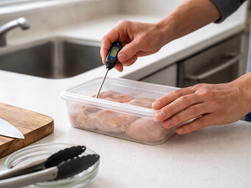 Anonymous hands using a thermometer by covered food, with separate utensils to prevent cross-contamination.