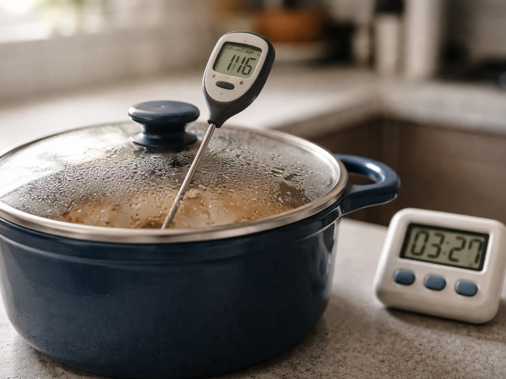 Food held in the 40–140°F danger zone with a thermometer reading