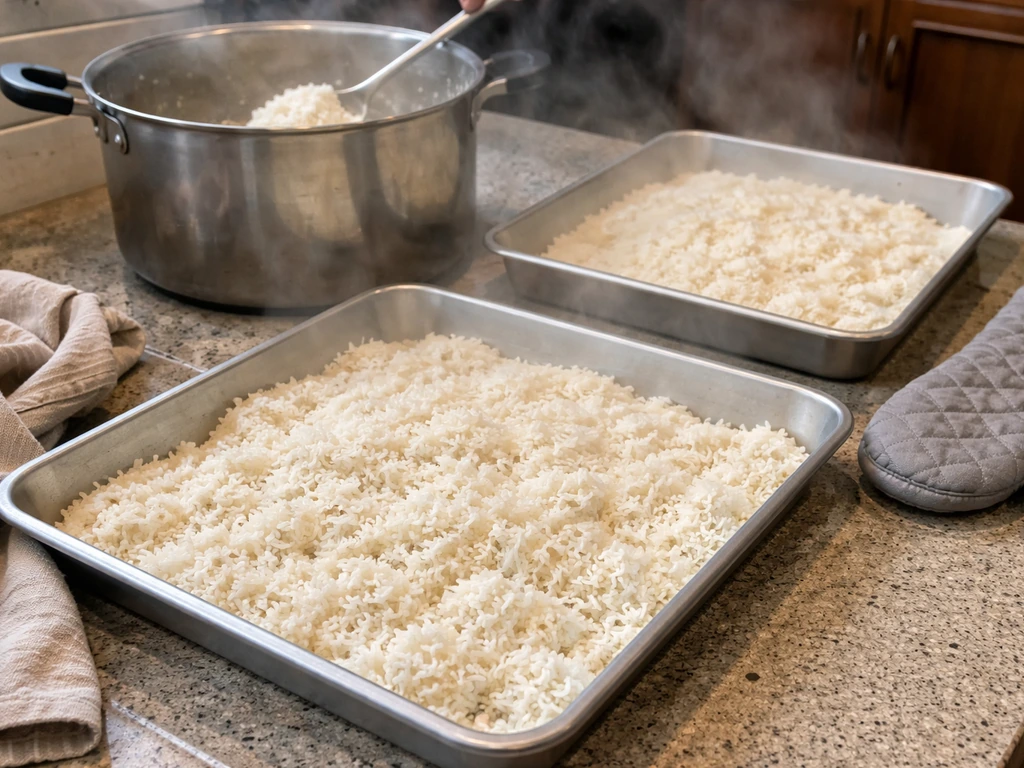 Leftover rice cooling in shallow container to prevent slow cooling