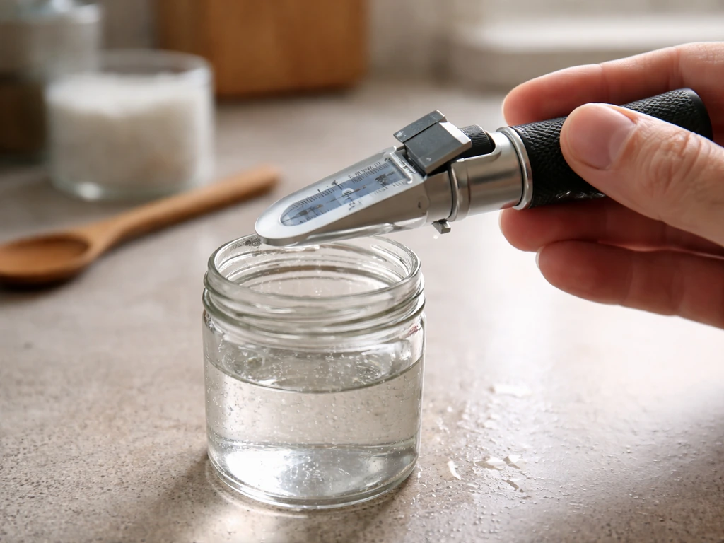 Hand holding a brine refractometer over a glass jar of saltwater, with a clear scale reading brine strength.