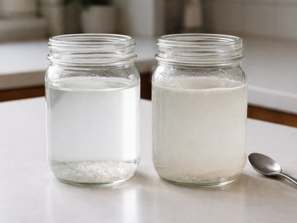 Two glass jars of salty brine—one clear, one cloudy and slimy—on a clean kitchen counter.